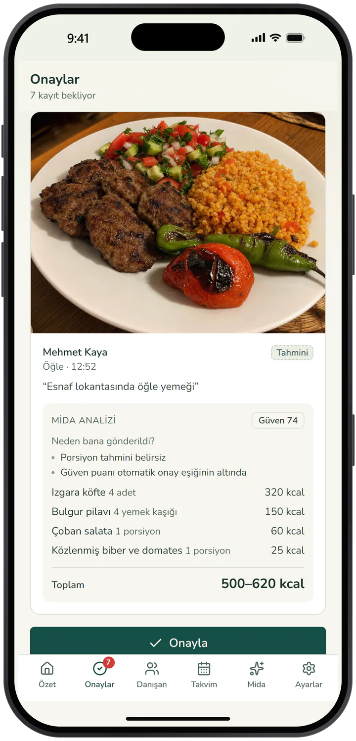 Diyetisyenin telefonunda onay ekranı ve Mida analizi